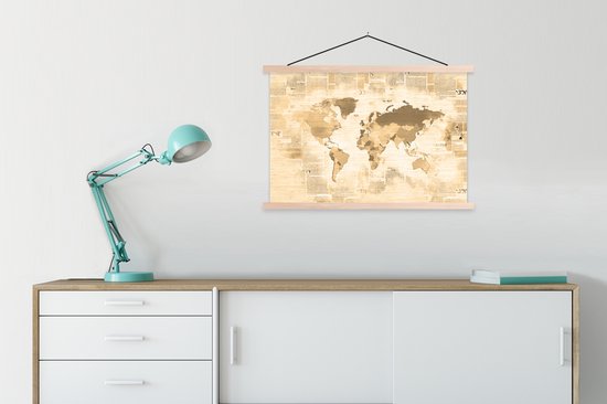 Wanddecoratie - Kaart - Vintage - Krant - Schoolplaat - 90x60 cm - Textielposter - Textiel poster