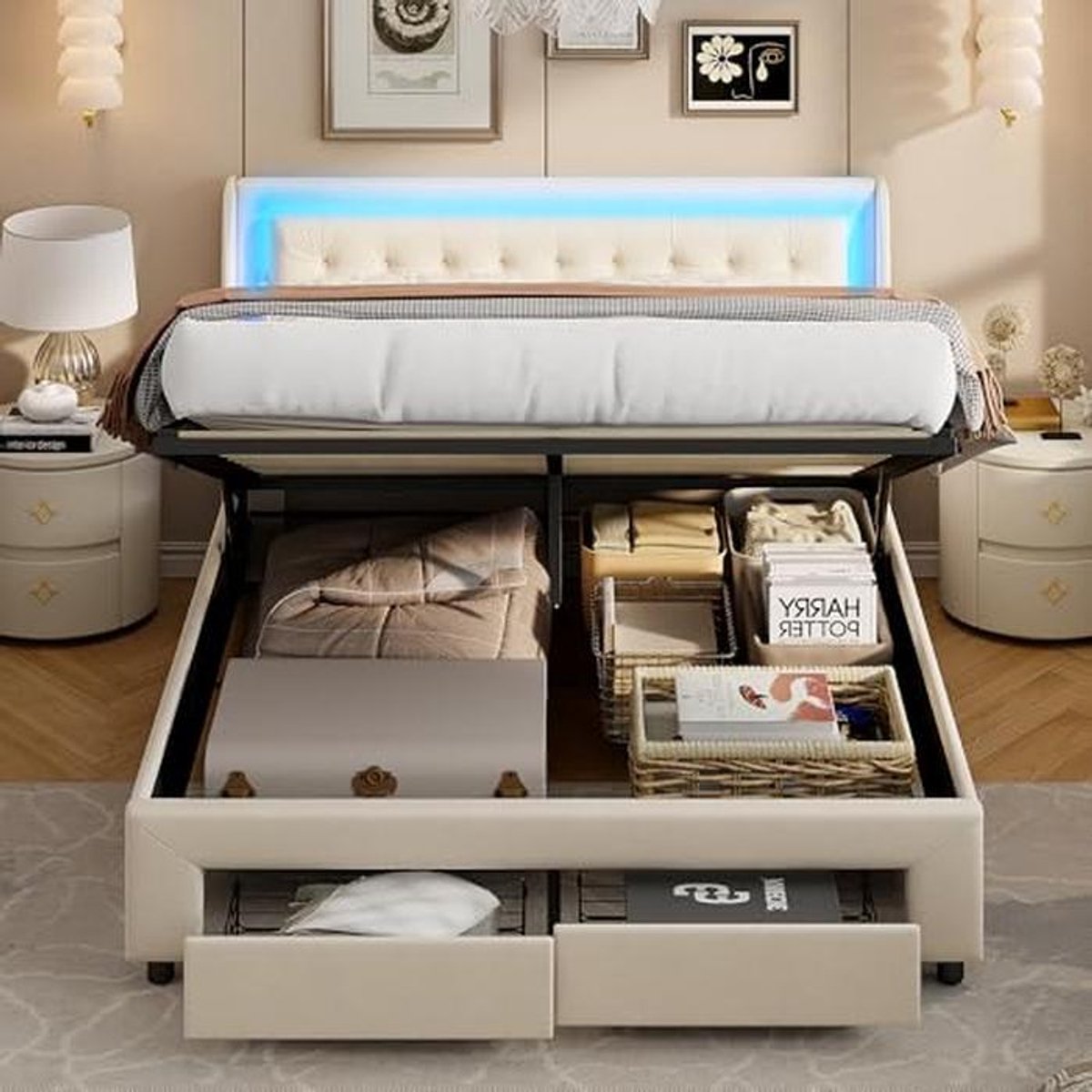 Tweepersoonsbed met Opbergruimte en Gestoffeerd Hoofdeinde 140 x 190 cm