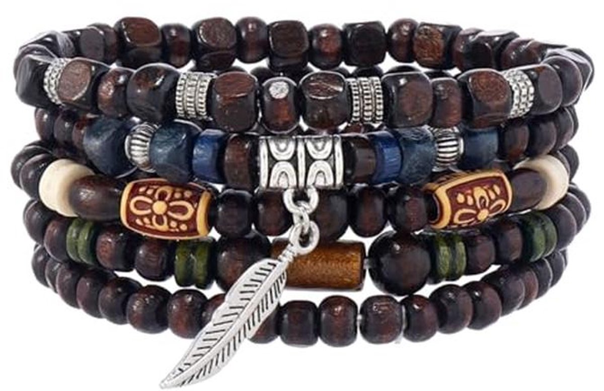 Houten Stretch Armbanden voor Meditatie en Gebed - Set van 5 Kralenarmbanden voor Vrouwen en Mannen
