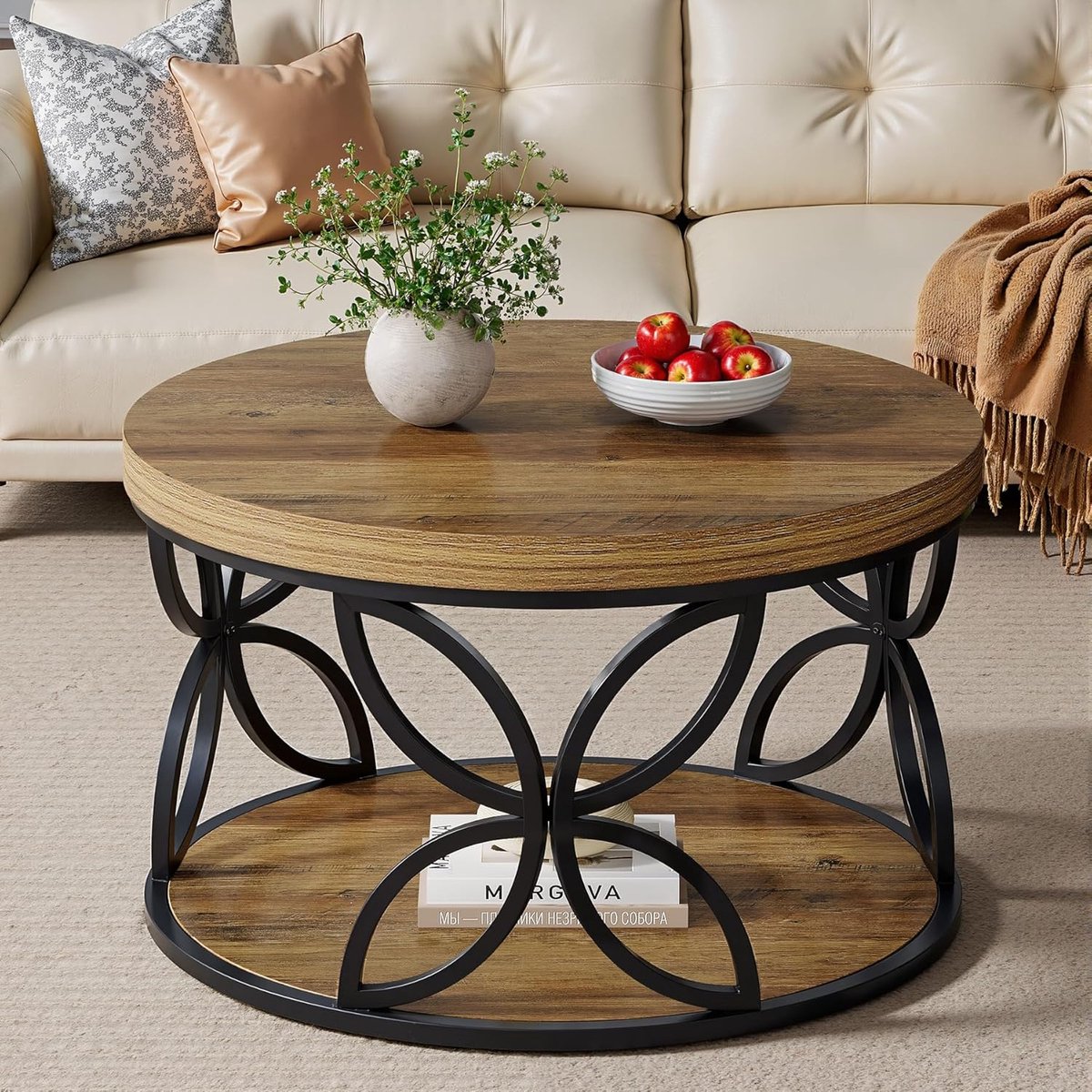 Tribesigns Ronde Salontafel - 80 x 80 x 46 cm - 2-laags Salontafel met Opbergplank - Bijzettafel Bruin - Tafel - Sidetable voor Woonkamer, Thuiskantoor