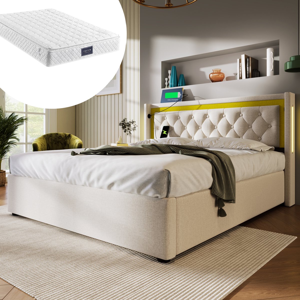 OKWISH Gestoffeerd Bed 160x200 cm - Inclusief Pocketvering Matras (Met Matras) - LED Met USB/Type-C Oplaadpoort - Met Opbergruimte en Gasveer - Katoen Stof - Lichtbeige
