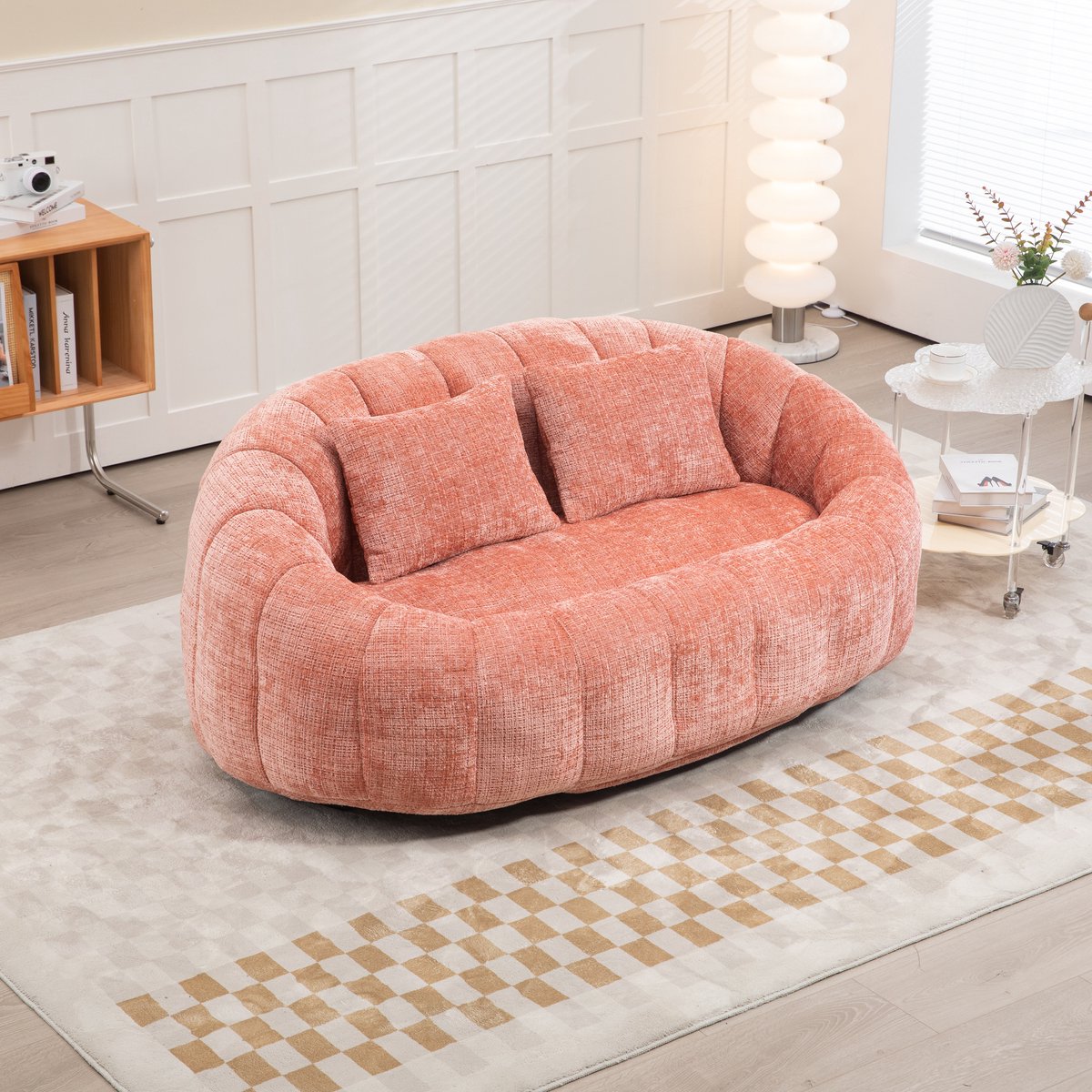 OKWISH Zitzak Sofa – 2-Zits Loungestoel Voor Volwassenen En Kinderen – Gevuld Met Hoogdicht Memory-Schuim, Hoge Rug En Armleuningen – Chenille – Roze
