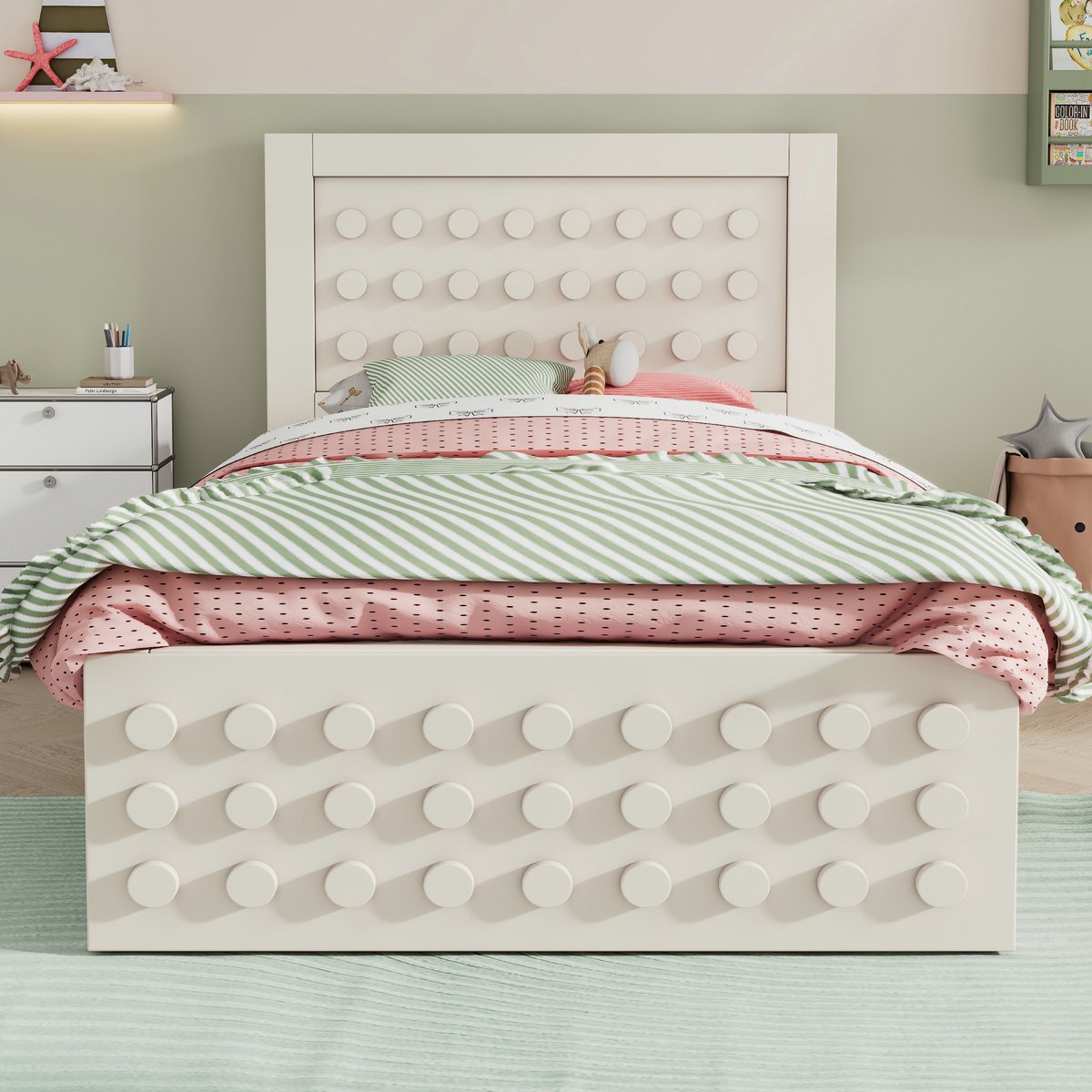 VVBV Houten Eenpersoonsbed 90x200 cm, kinderbed jeugdbed met lades en opbergruimte onder het bed, massief houten bedframe, lattenbodem, creatief blokontwerp, wit, zonder matras