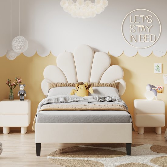 Lit enfant 90x200cm – Cadre de lit en velours avec tête de lit en forme de fleur – Sommier à lattes – Chambre de fille