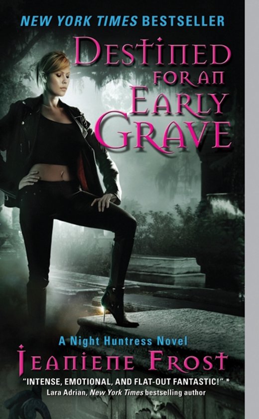 Destined For an Early Grave, een New York Times bestseller, met op de cover een vrouw in een leren jasje en broek, staand bij een graf.