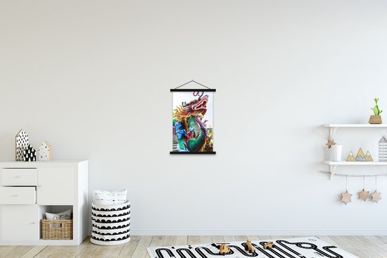 Dragon coloré devant un temple en Chine affiche textielposter lattes noires 40x60 cm - Tirage photo sur plaque scolaire (décoration murale salon / chambre)