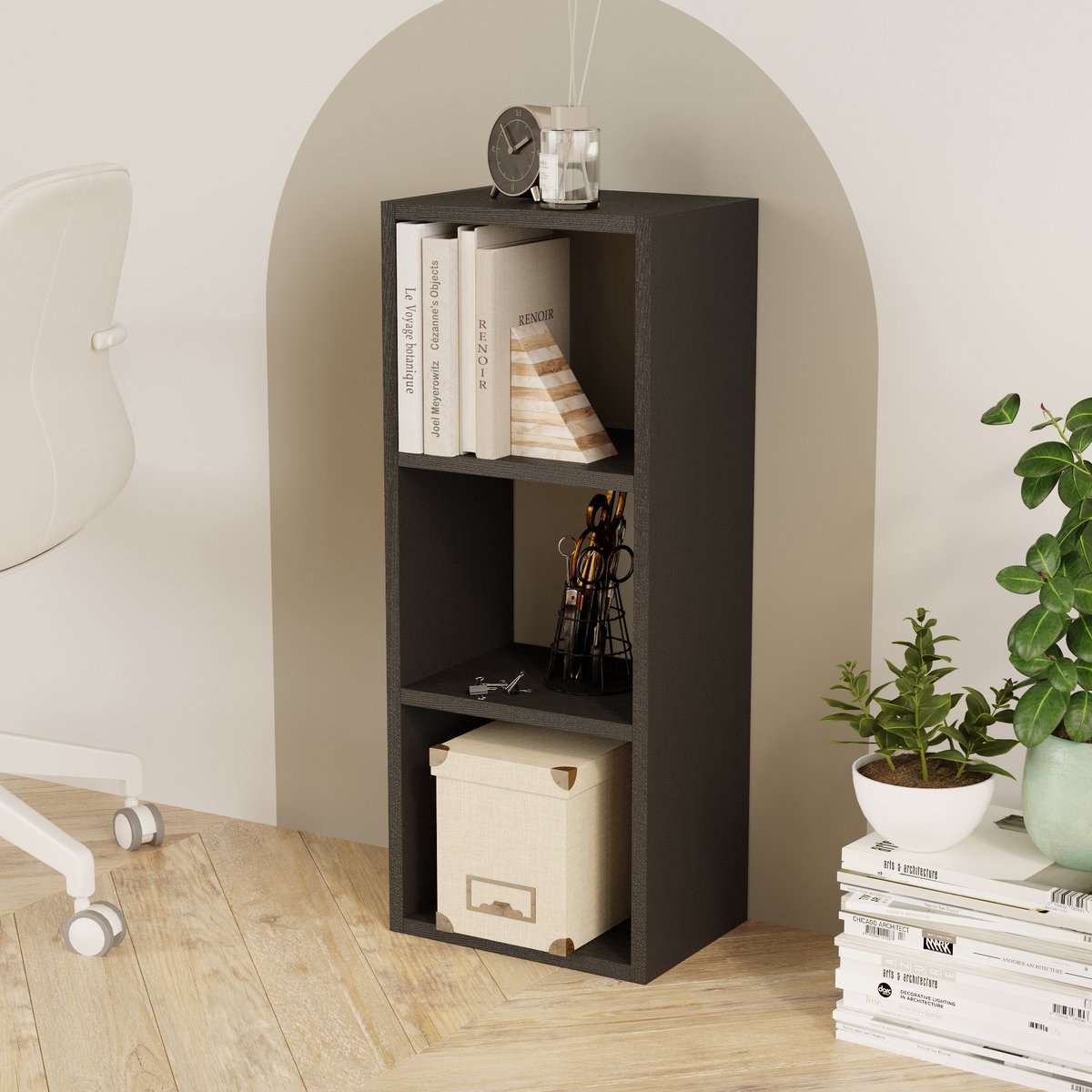 LUNOR® Canaria – Boekenkast - Boekenplank met 3 vakken – Zwart – 32.5 x 23.5 x 81 cm (B x D x H)