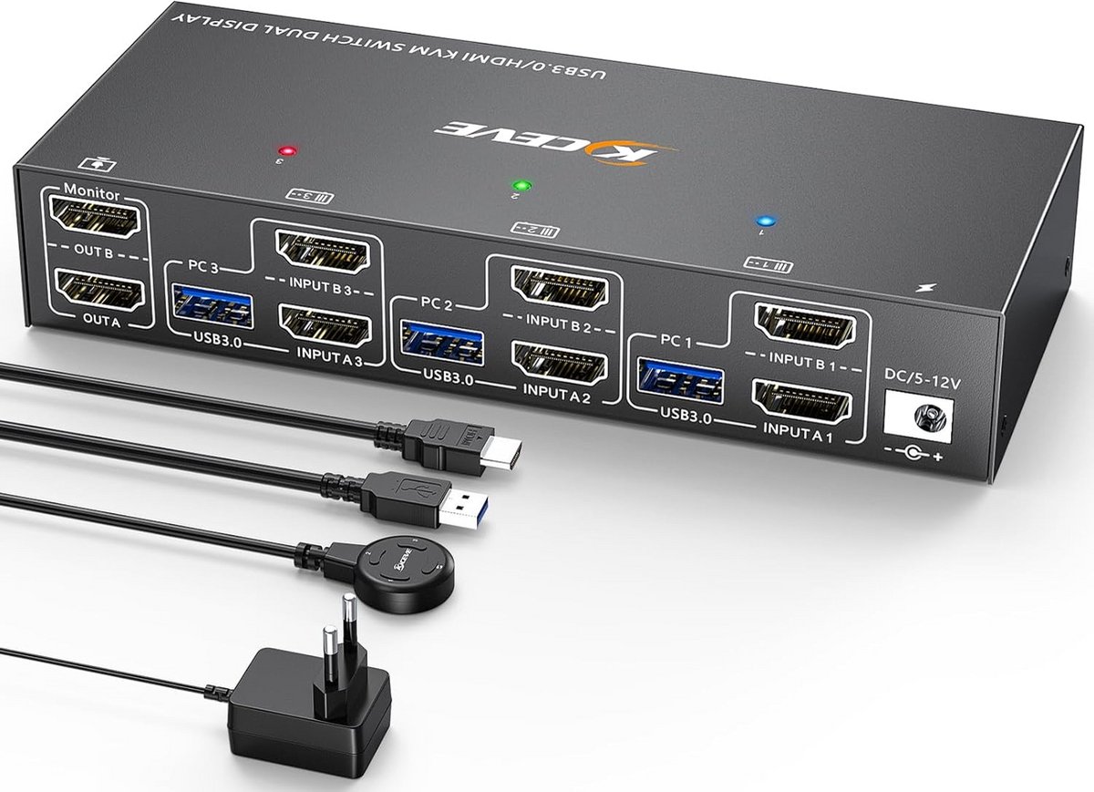 KVM Switch voor 3 PC's naar 2 Monitoren - HDMI 4K @60Hz met USB 3.0