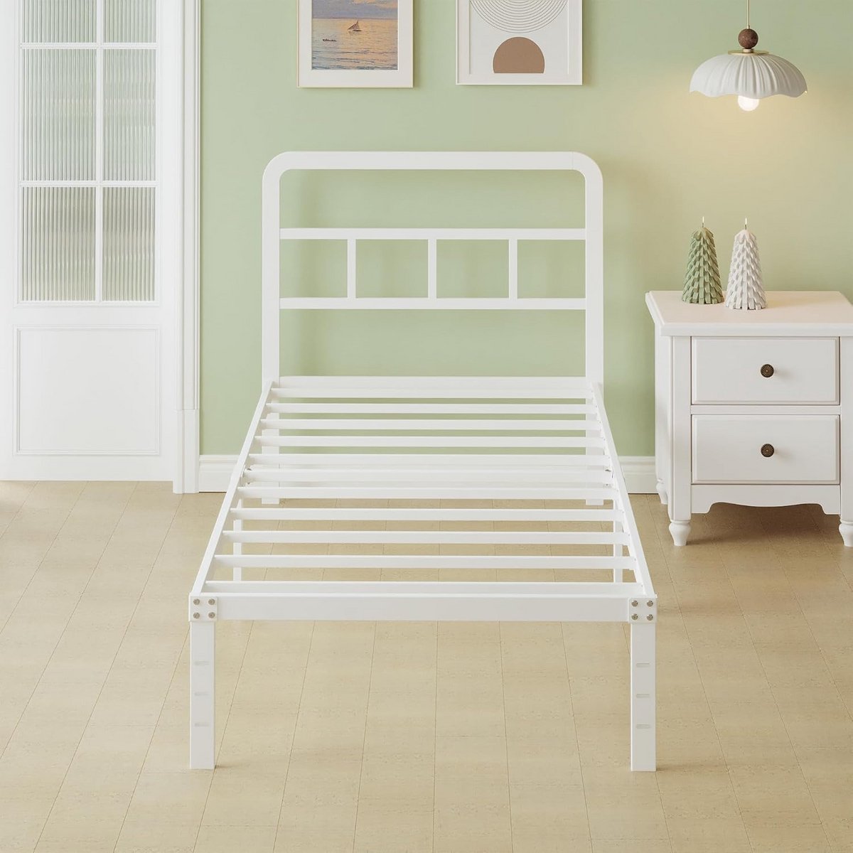 Stalen Bedframe 90x200 Zwart met Gebogen Hoofdbord - Inclusief Lattenbodem en Opbergruimte