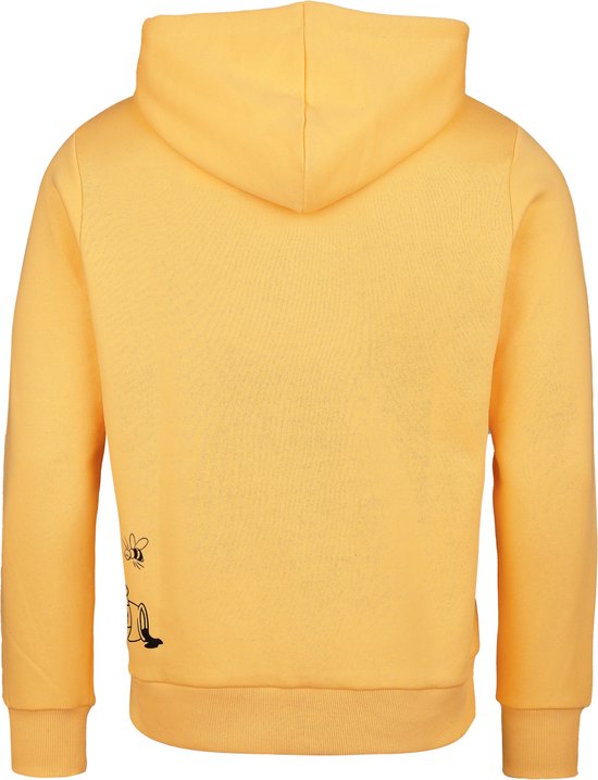 Gele hoodie met op de linkeronderkant een kleine tekening van een bij en een pot honing.