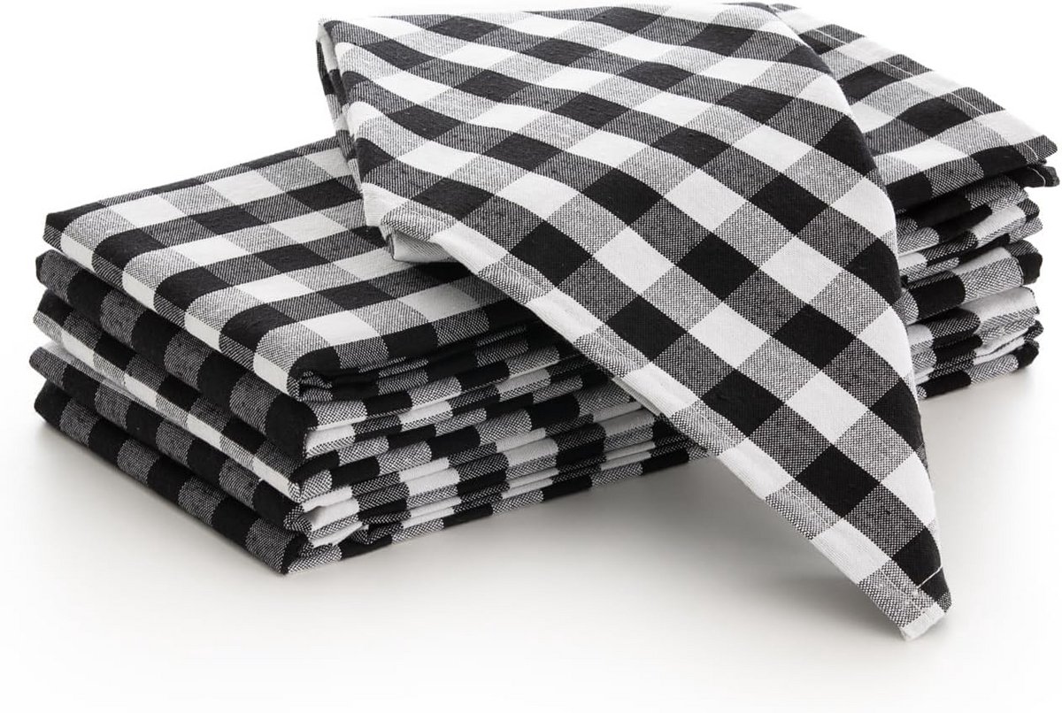Set van 6 Stoffen Servetten Zwart Geruit 45x45 cm Robuust Katoenmix Horeca Kwaliteit