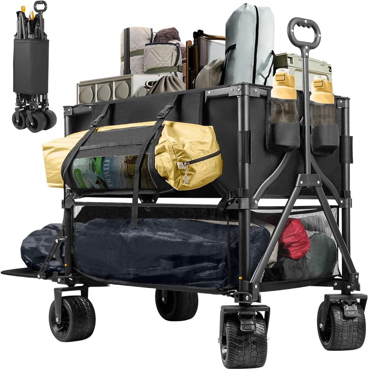 Grote Opvouwbare Dubbeldekker Transportwagen 272kg - 400L XL Winkelwagen met Grote Wielen voor Camping en Vissen
