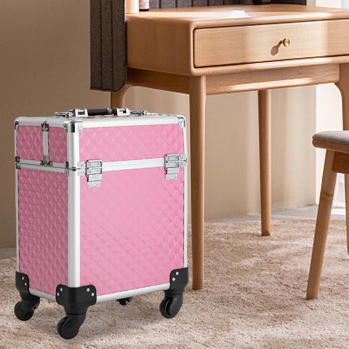 Make-up Koffer op Wieltjes Trolley met Trolley met 2 Inklapbare Vakken en Verstelbare Trekstang