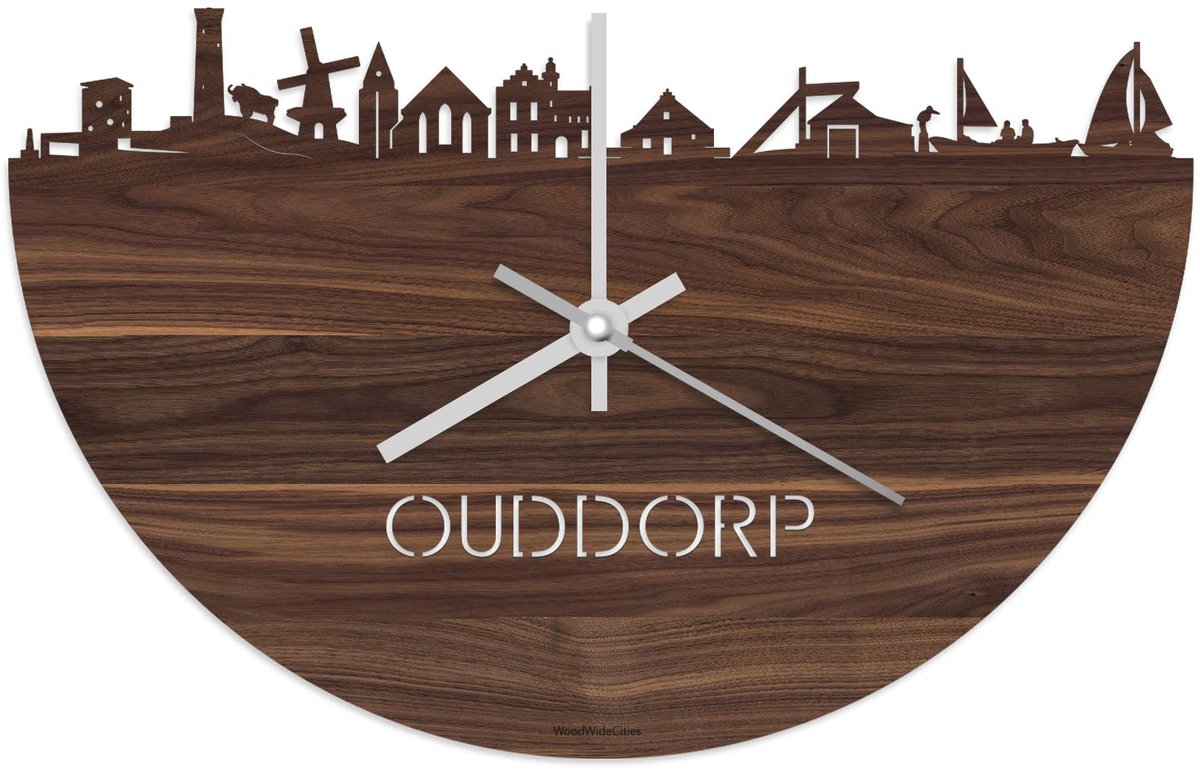 Skyline Klok Ouddorp Notenhout - Ø 40 cm - Stil uurwerk - Wanddecoratie - Meer steden beschikbaar - Woonkamer idee - Woondecoratie - City Art - Steden kunst - Cadeau voor hem - Cadeau voor haar - Jubileum - Trouwerij - Housewarming - WoodWideCities