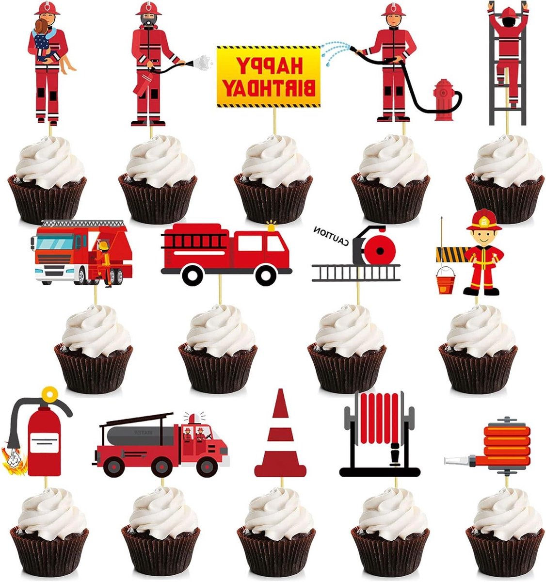 VVGoods - 28-delige cupcake-toppers voor brandweerthema, taartdecoratie met brandweerman en brandweerauto, kinderverjaardag, jongensfeestje.