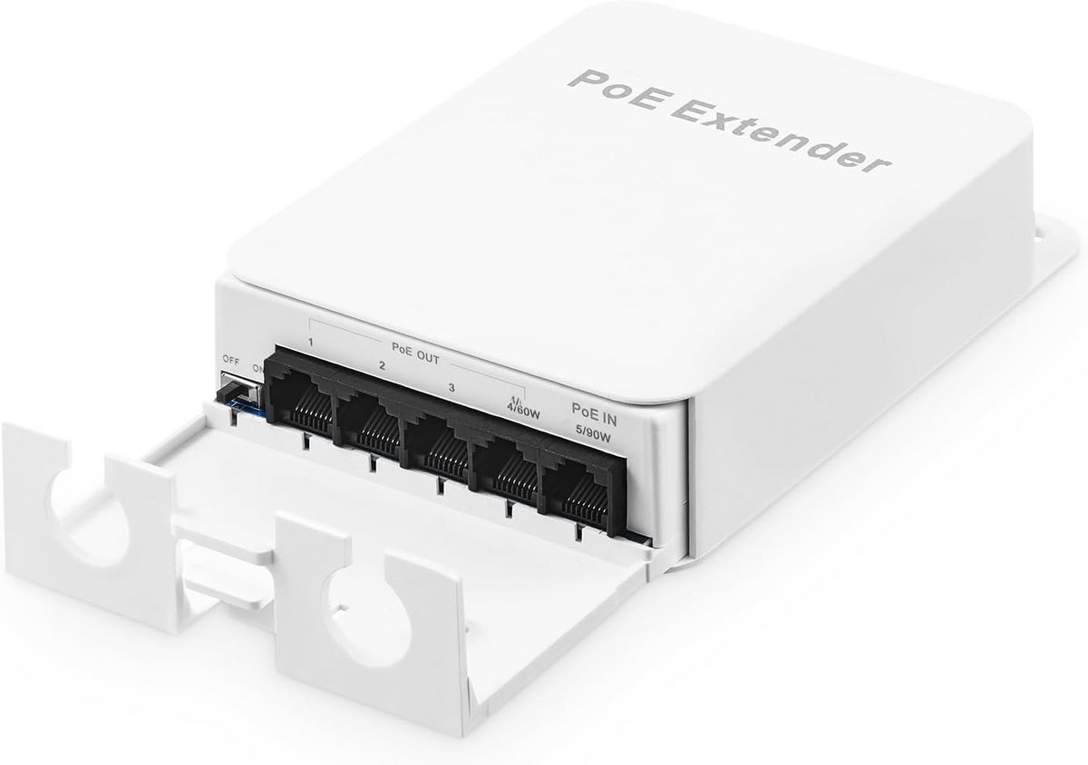 Waterdichte PoE Extender voor Buiten, 1-naar-4 Poort Verdeler met 90W Vermogen