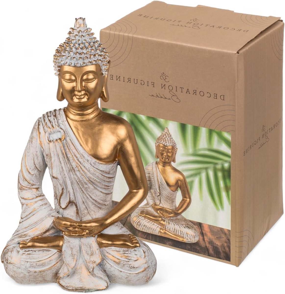 VVGoods - Boeddha decoratiefiguur vintage look 14-34 cm met theelichthouder - goud en wit - polyhars - spirituele rust - elegantie