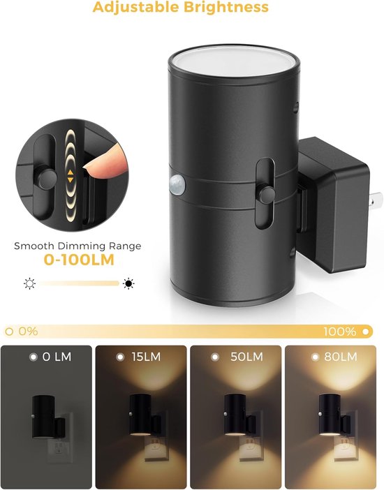 LED-nachtlampje met bewegingssensor, stekker, set van 2, bewegingsgeactiveerd nachtlampje, instelbaar helderheidsbereik van 0-100lm, 3000K zacht wit licht, geschikt voor slaapkamers, trappenhuizen, kinderkamers en kamers van ouderen. van Auvon — afbeelding 4