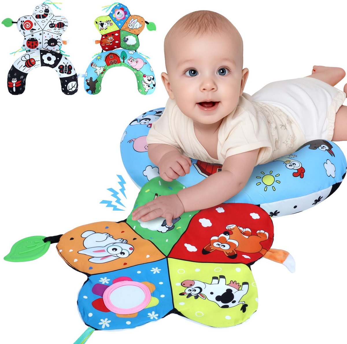 Buiktijdkussen, Hoog Contrast Buiktijdmat Met Zwart-witte Flitskaarten, Dubbelzijdig Buiktijdkussen Met Spiegel En Bijtring, Babyspeelgoed Voor Pasgeboren Baby's Van 0-12 Maanden