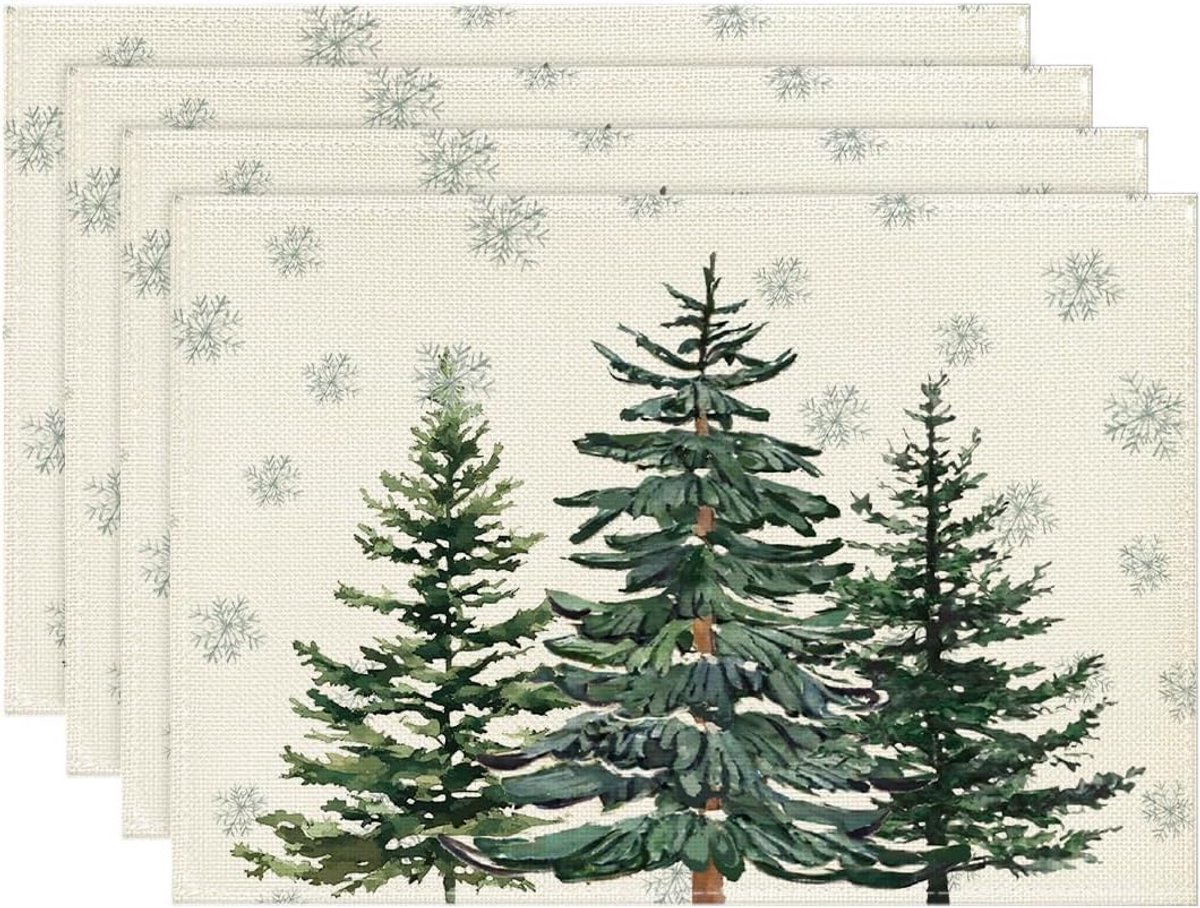Set van 4 Kerst Placemats - Pijnbomen & Sneeuwvlokken - Wasbaar & Antislip Tafelmatten