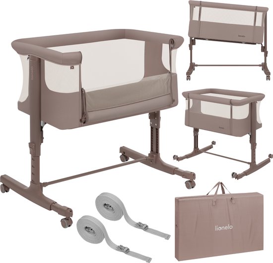 Lionelo Aurora 3in1 Co-sleeper - Babybedje tot 9 kg - Meegroeibed - 4 wielen met rem - Campingbedje – Verstelbare Hoogte – Ademend Gaas – Inclusief Matras & Transporttas – Afneembare Bekleding
