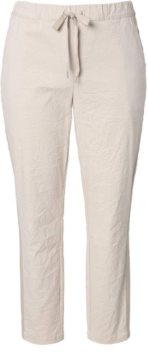MIAMODA - Dames - Broek crincle-materiaal zijstrepen elastische tailleband - Grijsbeige - Maat 56