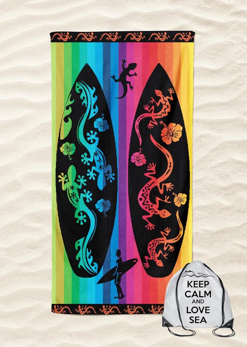 Strandlaken van badstof 90 x 165 cm met gecko en surfplank design inclusief rugzak
