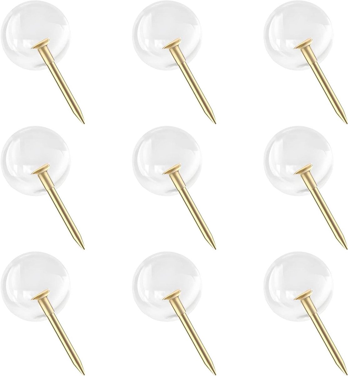 Ronte - Kaartspijkers Goud 150 stuks | Grote Maten Pinnen 9,5 mm | Ronde Kop Pushpins | Stalen Punt | Transparante Plastic Kop | Kaart Duim Kopspijkers | Foto's, Posters | Decoratief Gebruik.