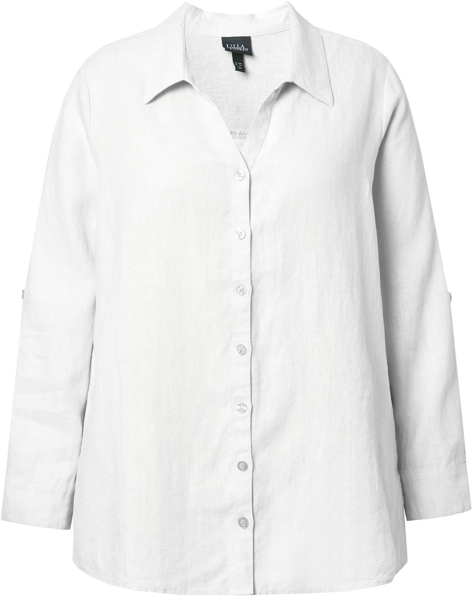 Ulla Popken - Dames - Blouse linnen open kraag lange mouwen - Off-white - Maat 50+