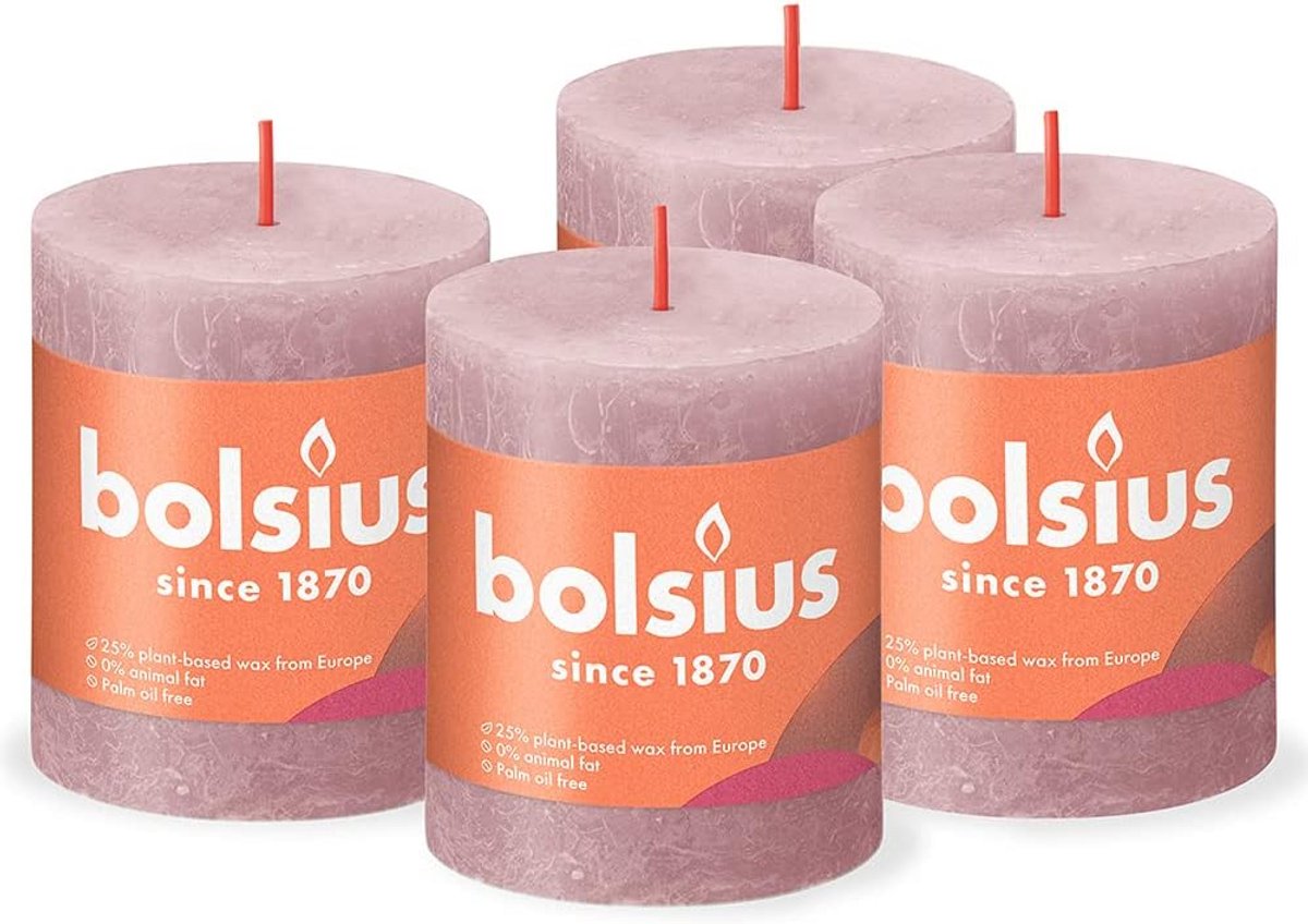 Rustieke Pilaarkaarsen 8 cm Old Pink - Set van 4 - Non Drip - Ongeparfumeerd