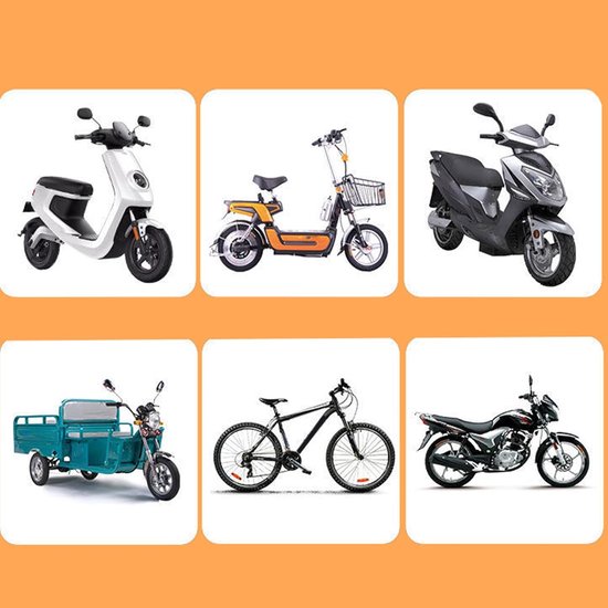 Zes voertuigen: witte elektrische scooter, oranje elektrische fiets, grijze scooter, blauwe driewieler, zwarte fiets, zwarte motor.
