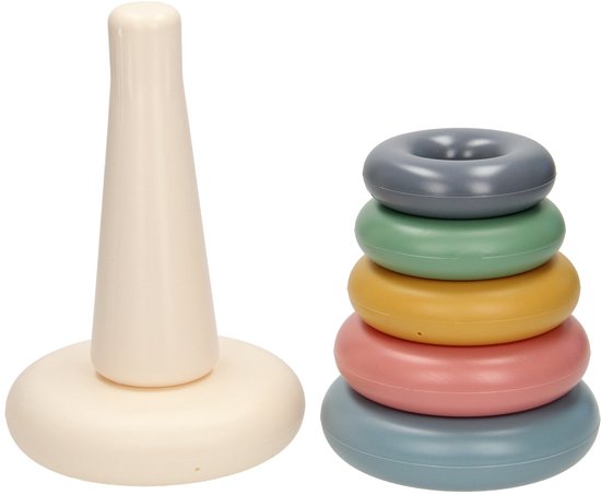 Een stapel toren met vijf gekleurde ringen: blauw, roze, geel, groen en grijs, op een crème-kleurige basis met een crème-kleurige pin.