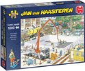 Doos van Jan van Haasteren puzzel "Bijna Klaar?" 1000 stukjes. Een drukke bouwscène met betonmolen, hijskraan en veel bouwvakkers.