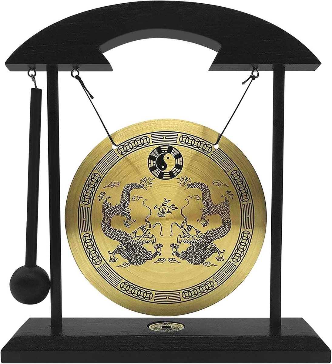 Ronte - Tafelgong Zen Decoratie Houten Voet Thuiskantoor Woonkamer - Koper Houten Gong - Dubbele Draken - Meditatie Feng Shui stijl