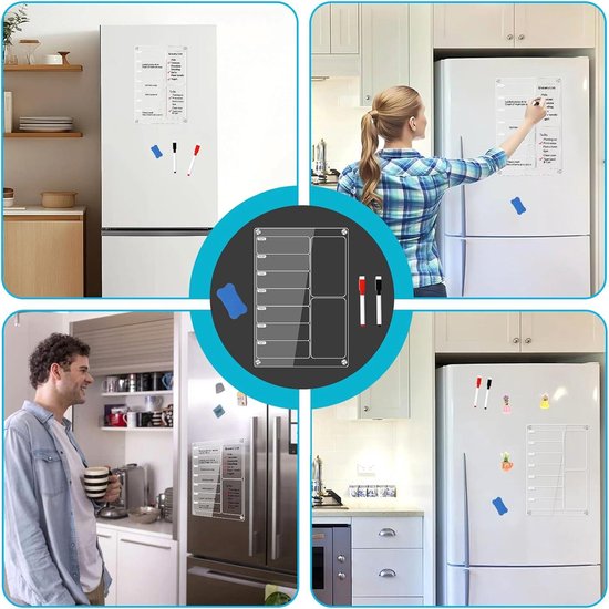 Babillard voor muur, weekplanner voor de koelkast, met 6 pennen, zuignappen, servetten, magnetisch planningstabel van pvc, mobiel