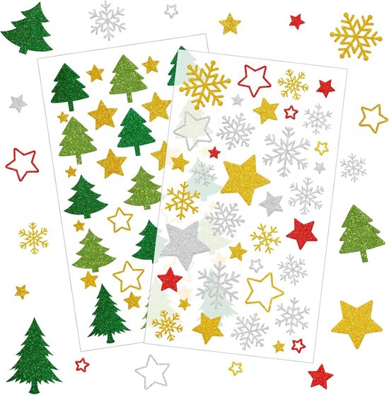 145 stuks kerststickers, glitter, 5 vellen, zelfklevend, goud, voor adventskalender, kerstcadeaus, kaarten