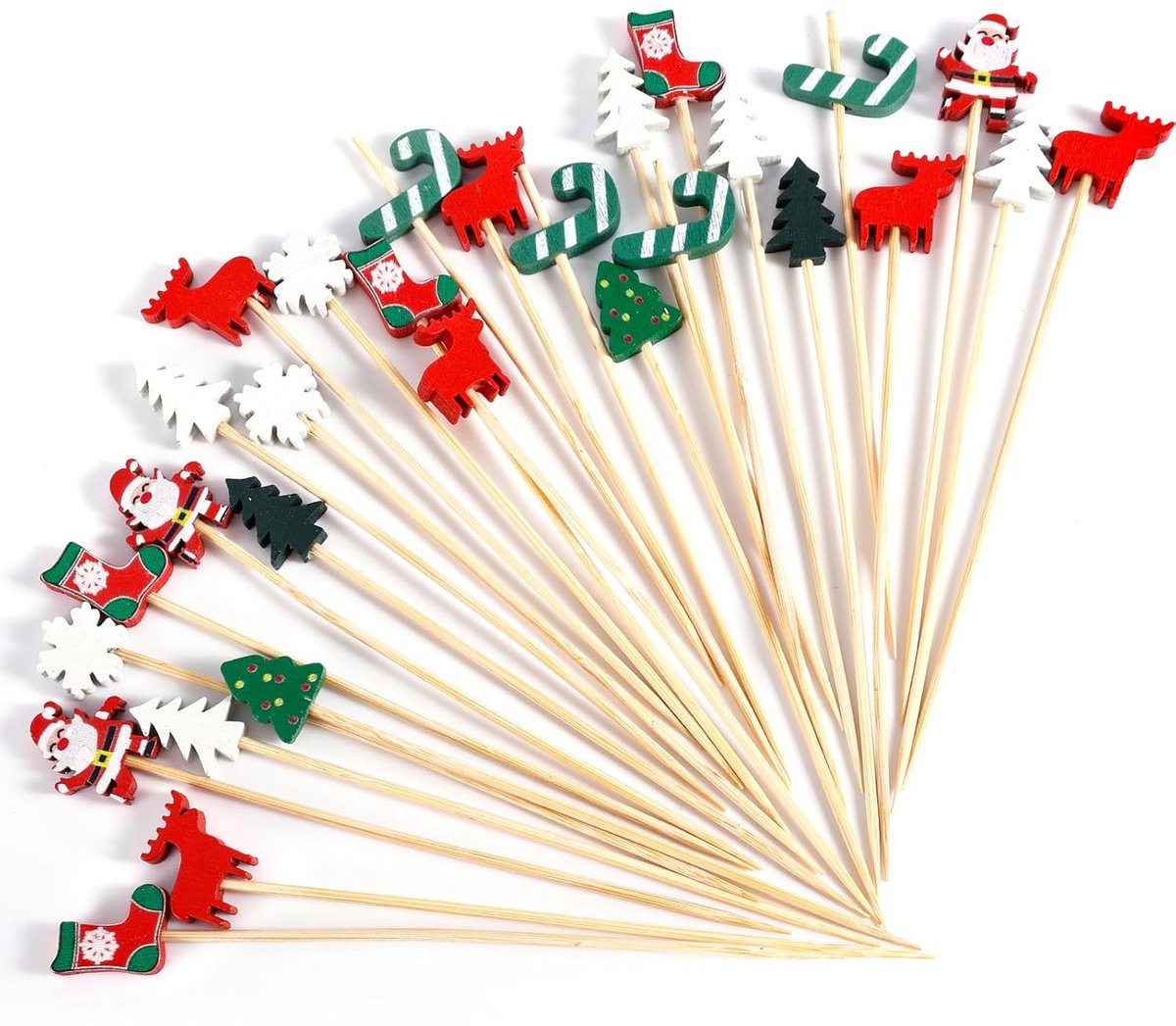 100 houten cocktailprikkers met kerst thema - set met 8 verschillende designs