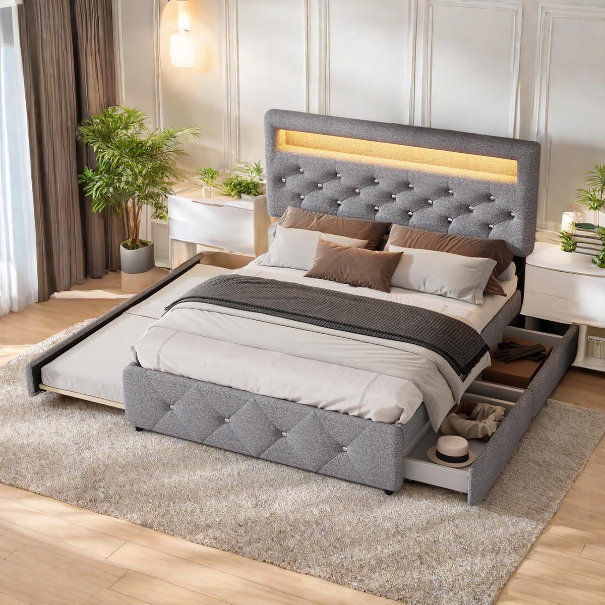Tweepersoonsbed 140x200 met LED-Verlichting, Opberglades en Uitschuifbed
