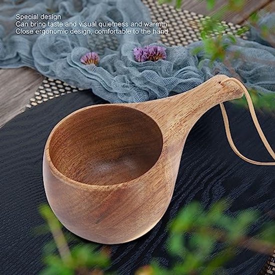 Houten Beker Kuksa-beker, Draagbare Buitenhouten Kampmok Scandinavische Stijl Handgepolijste Houten Drinkbeker met Handvat voor Koffie, Thee, Melk
