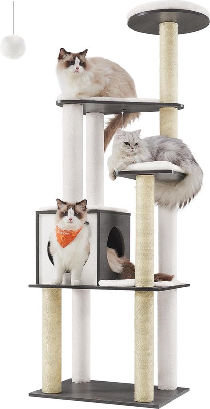 Heybly Krabpaal, 178 cm Hoog, Krabpaal Voor Binnenkatten, Kattenkrabpaal Met 8 Krabpalen, 2 Grotten, 2 Platformen, Hangmat, Mand, Pluche Balle, Beige HCT036M