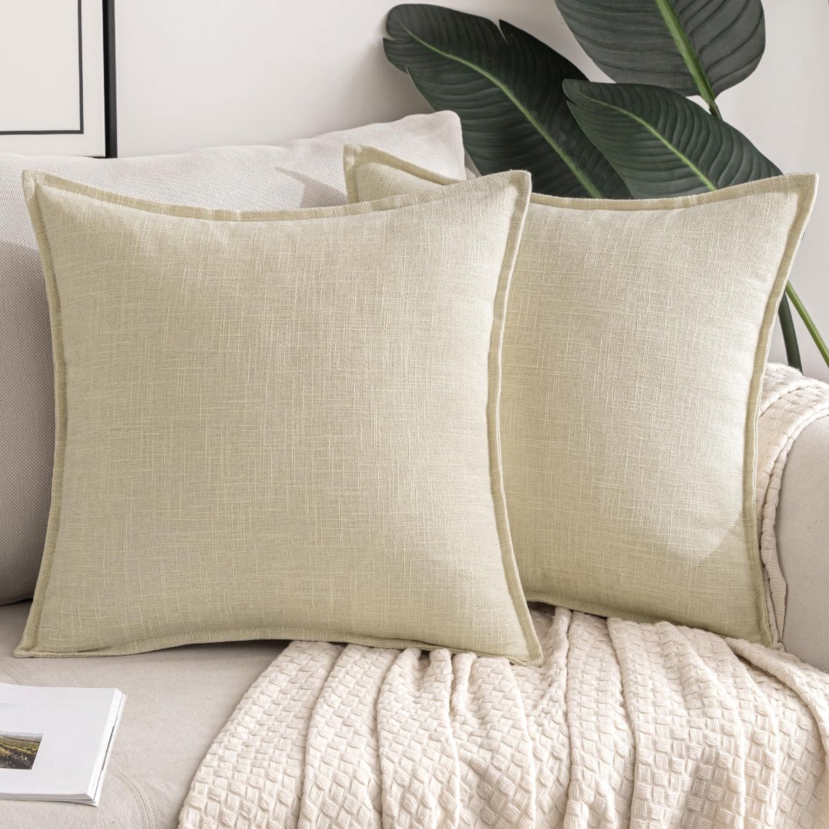 Unyqoos Set van 2 decoratieve linnenlook kussenhoezen voor een stijlvolle inrichting creme-wit