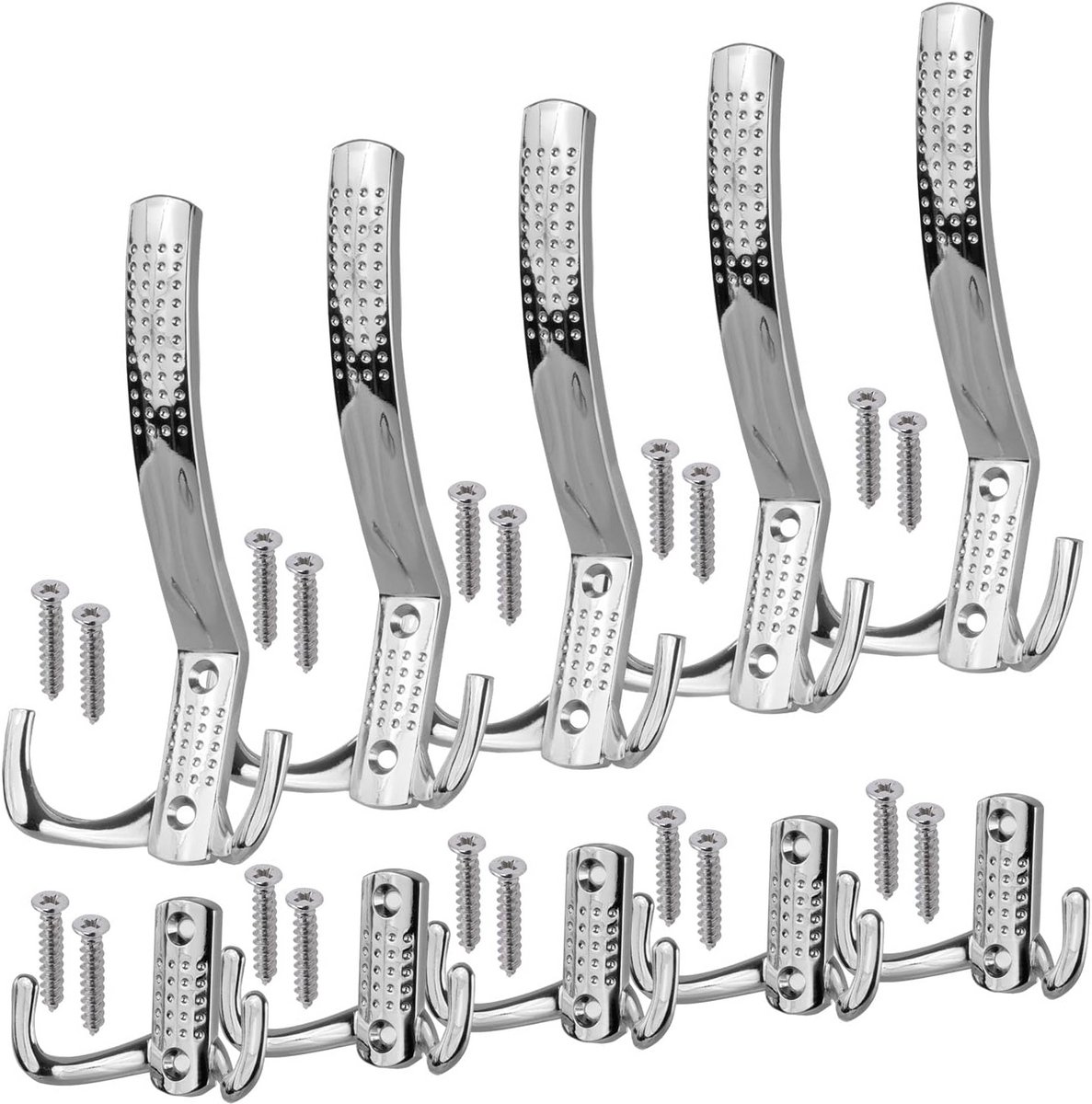 Kledinghaken Set - 10 Delig - Chroom - Kort en Lang - Incl. Bevestigingsschroeven