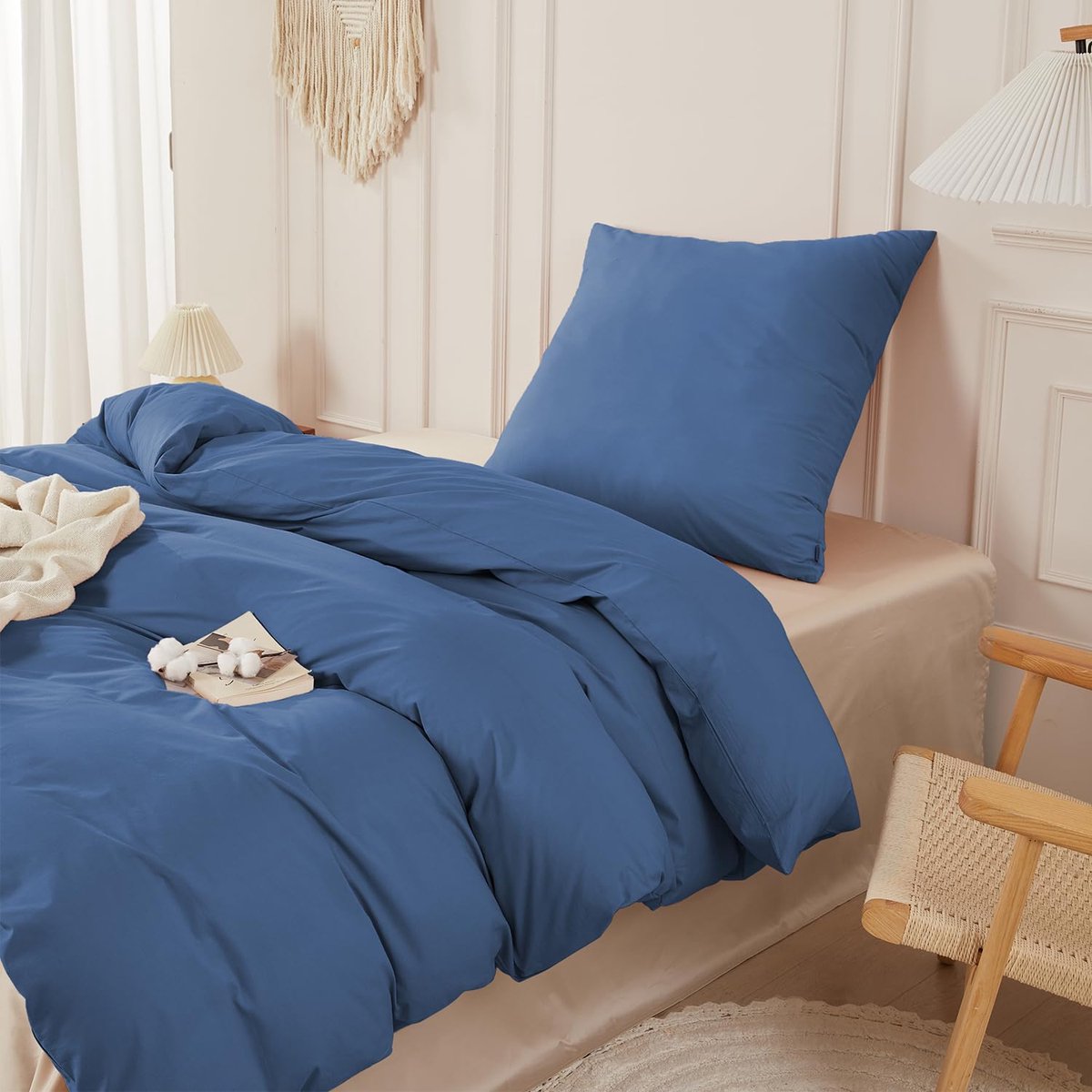 Unyqoos Comfortabele katoenen beddengoedset met linnenlook en ritssluiting Blauw