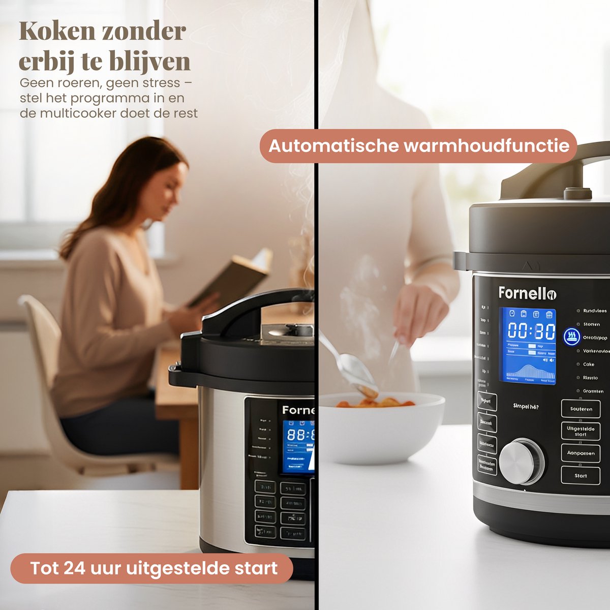 Fornello Multicooker 6L - Pan PFAS vrij - Rijstkoker met stomer - Slowcooker met timer - Rice Cooker – foto 8