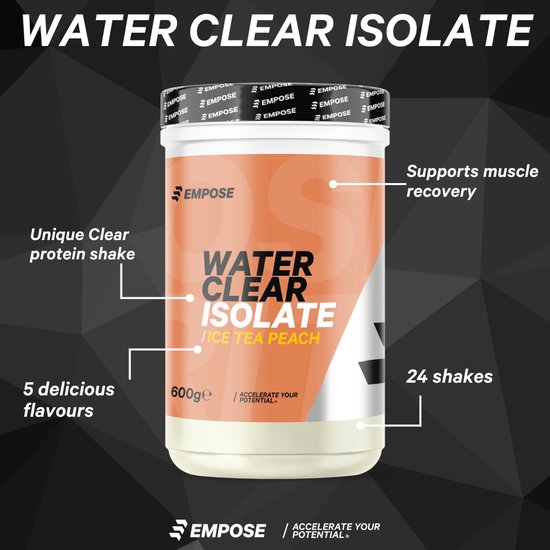 Empose Nutrition Water Clear Isolate - Protein Ranja - Protein Shake - Protéine en poudre - Protein Shakes - Protein Shake - Whey Isolate - Protéine en poudre - Sans sucre/sans gras - 600 gr - Ice Tea Peach