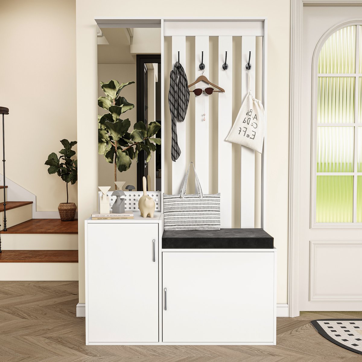 Schoenenbank & Wandkapstok Set met Spiegel – Witte Multifunctionele Hal Meubel, Met Zitkussen en Schoenkast, 100x40x180 cm