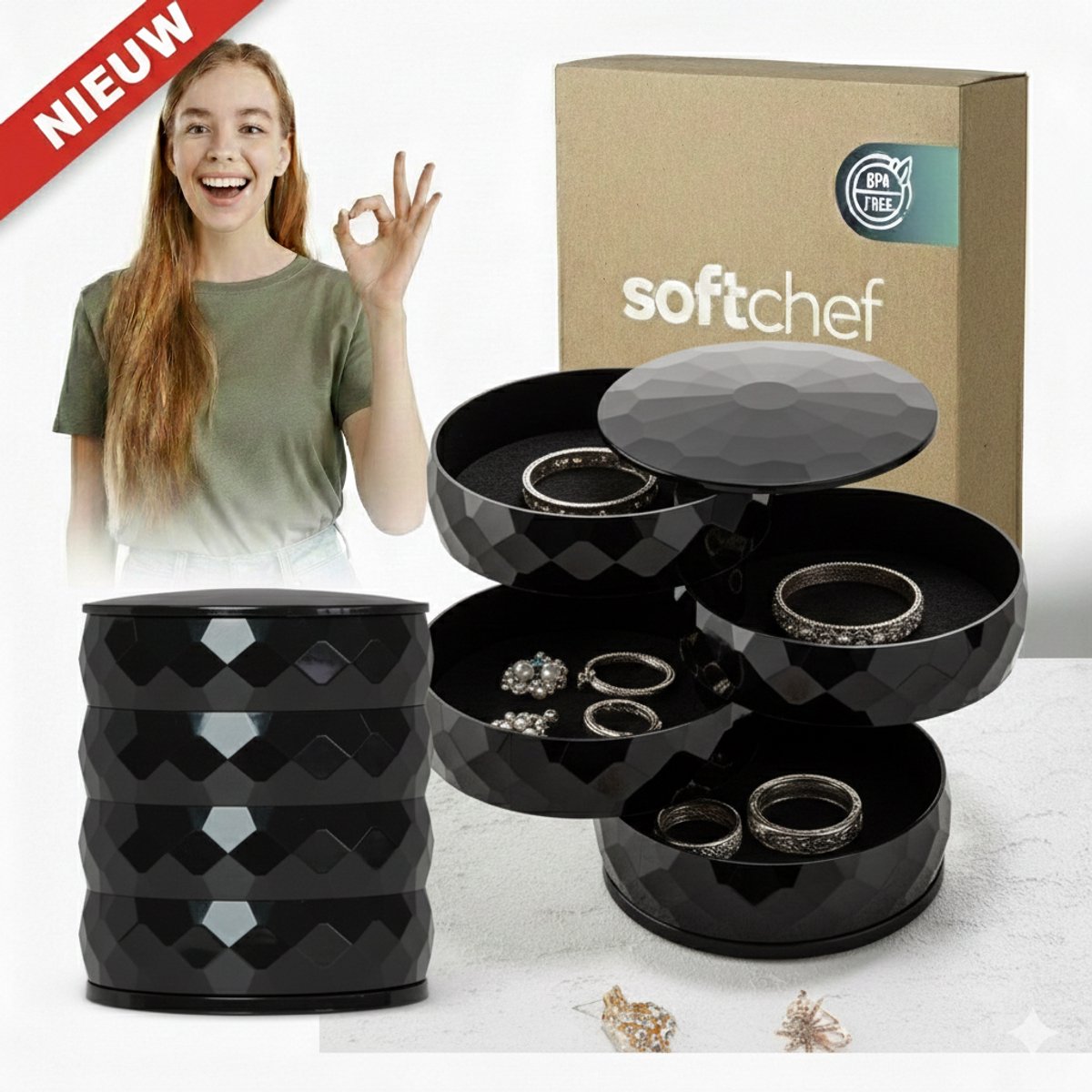 Soft Chef Diamond Jewelry Sieraden Organizer – Zwart – Set van 2 – Draaibaar 360° – Stofvrij – Compact & Stijlvol – Perfect Cadeau