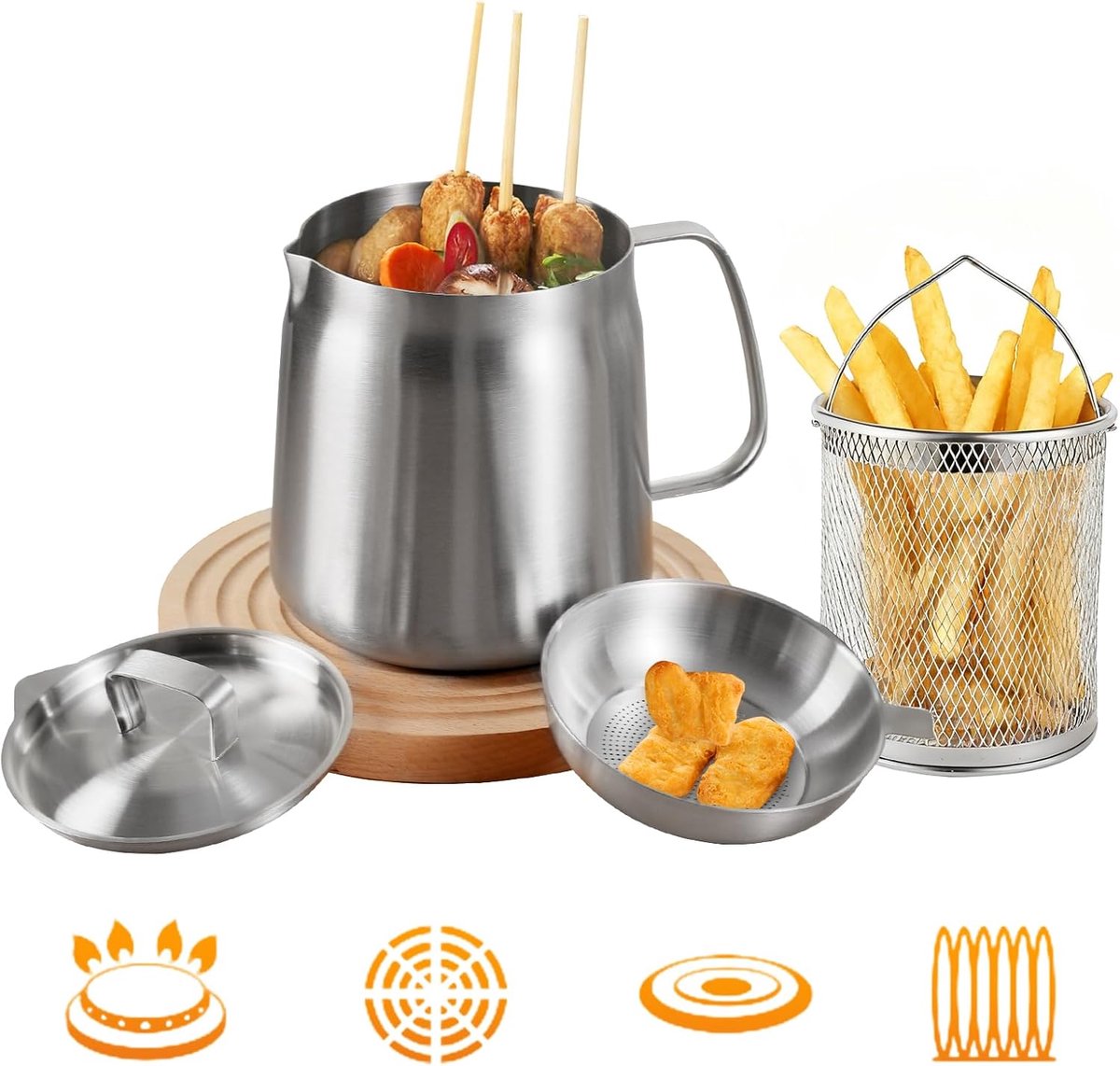 304 RVS Frituurpan 2L (2Qt) - Met Mandje en Zeef - Voor Frituren Koken en als Oliefilter - Geschikt voor Camping en Outdoor Gebruik - Vaatwasmachinebestendig en Hittebestendig