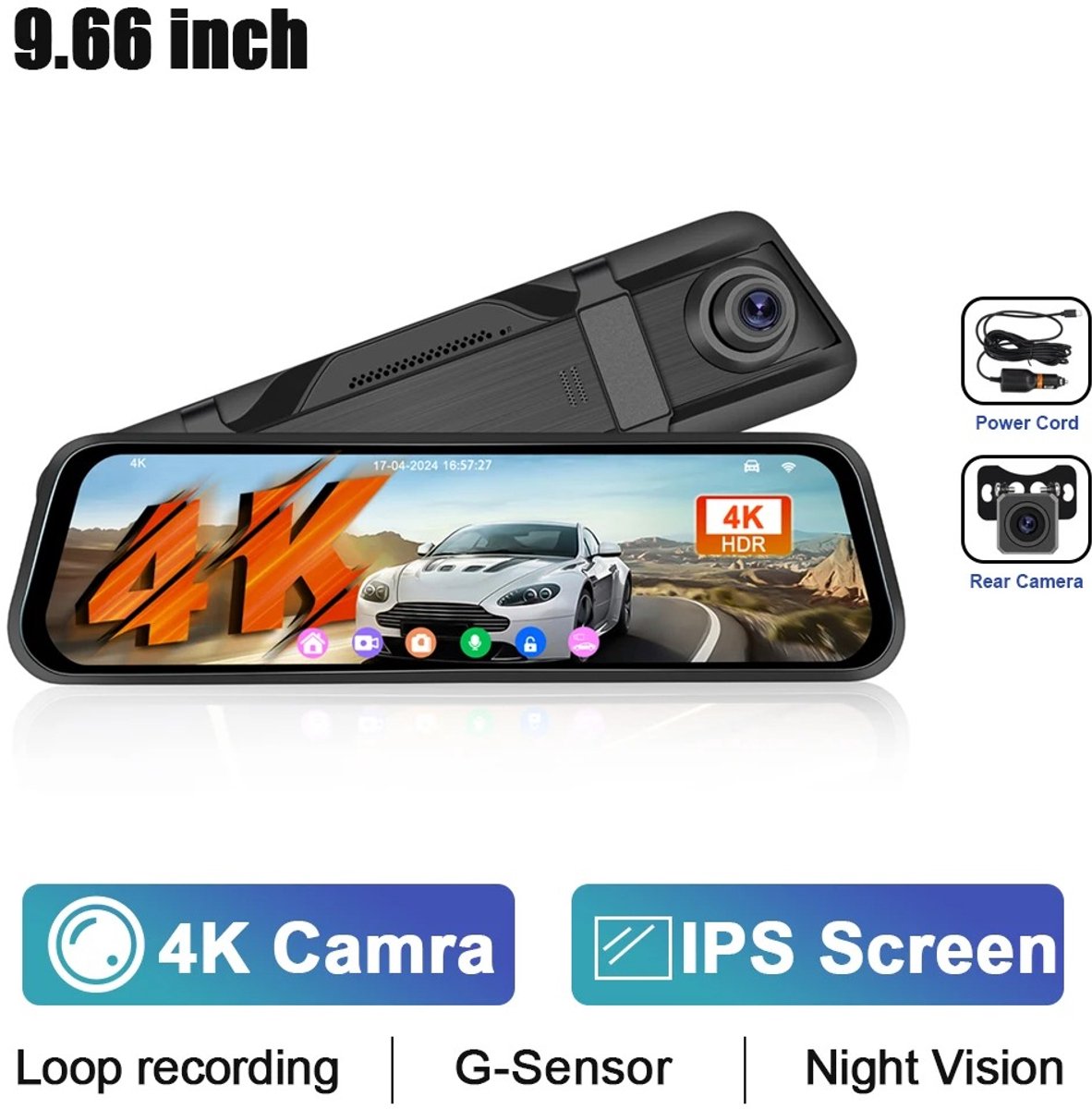 Tresaro 9.66Inch - 04K HD - Auto DVR IPS Touchscreen Dash Cam - Dual Lens - Video Recorder - WIFI Streamen - View Spiegel - zwaartekracht selectie BSD LCA