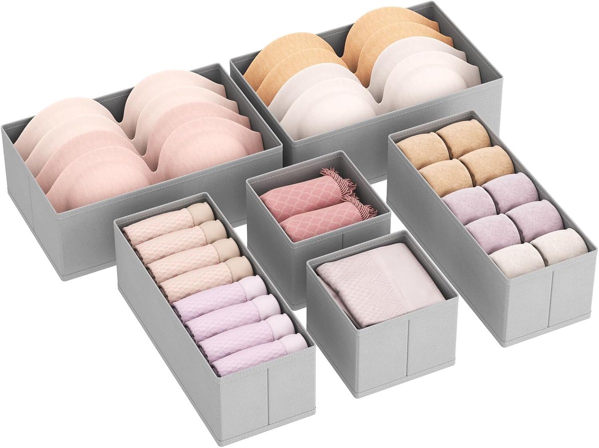 MELVRA Lade Organizer Set - 6 Stuks - Opvouwbaar - Ladeverdelers - Ondergoed & Sokken Organizer - Stoffen Kastorganizer - Grijs